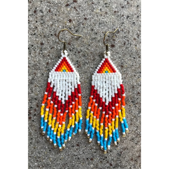 MIYUKI handmade beaded earrings, white red yellow - Picture 2 of 3